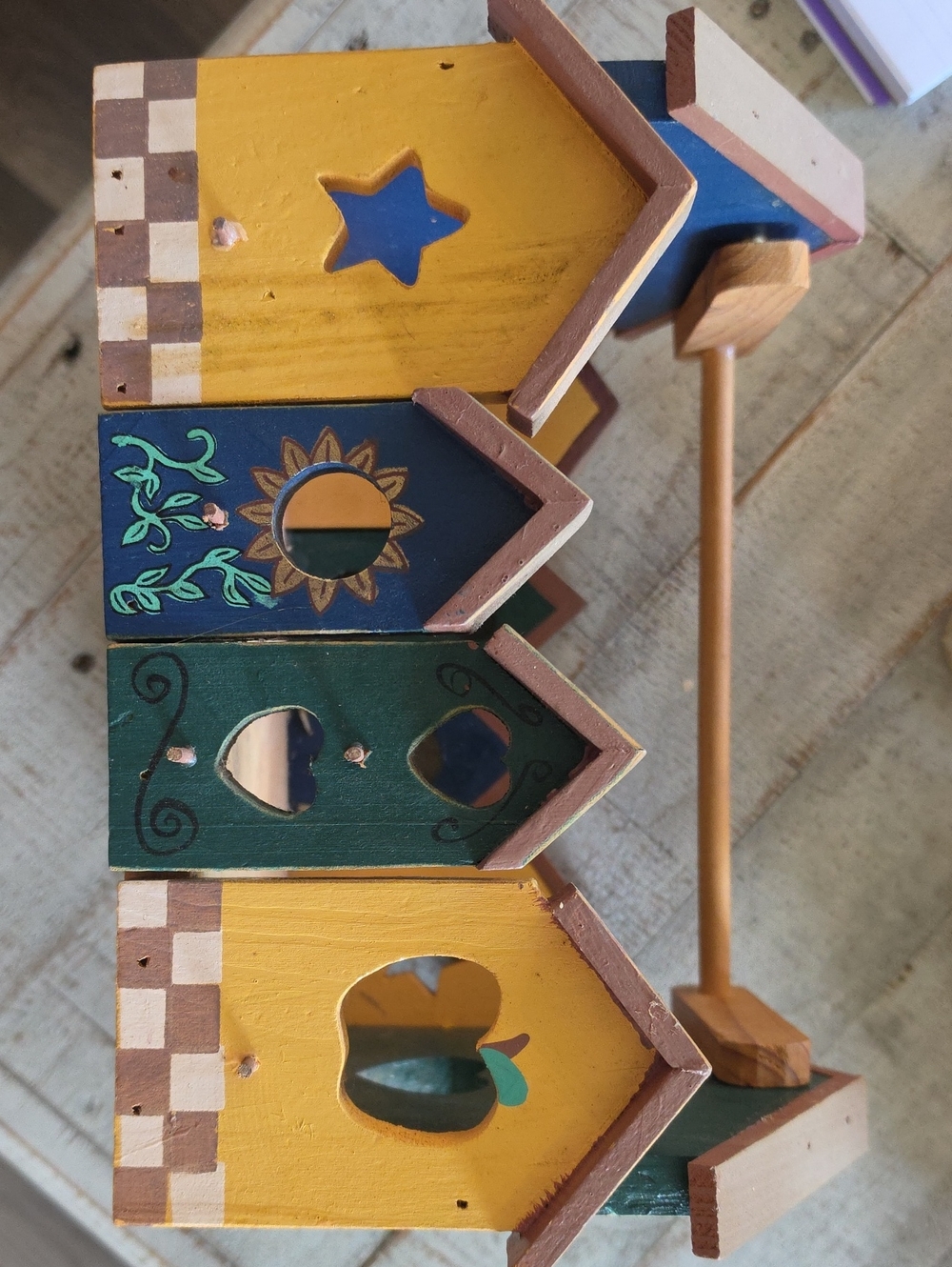 Hand-Painted Decorative Birdhouse Shelf in Yellow, Green & Blue